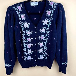 Margules Vintage Blue Floral Cottage Core Knit Cardigan M